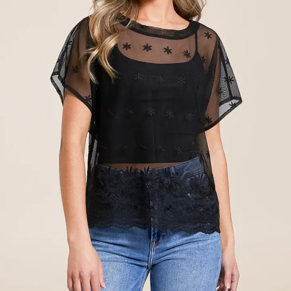 ACOA Sheer Mesh Floral Embroidered Lace Top Shirt Large Witchy Boho Festival